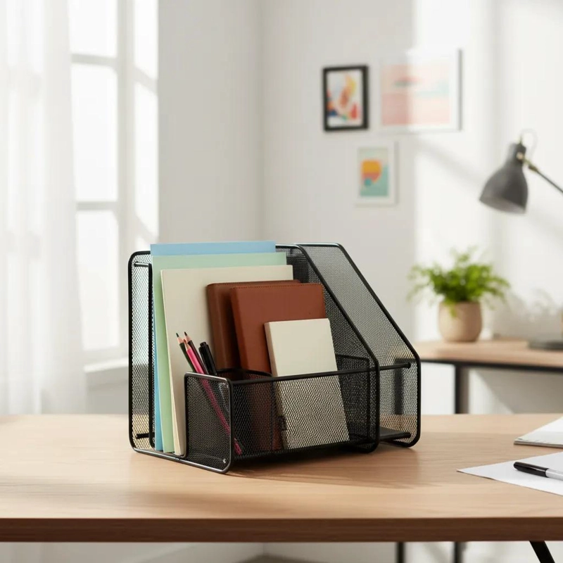 ORGANIZADOR VERTICAL DE ESCRITORIO CON 3 COMPARTIMENTOS METALICOS - 5
