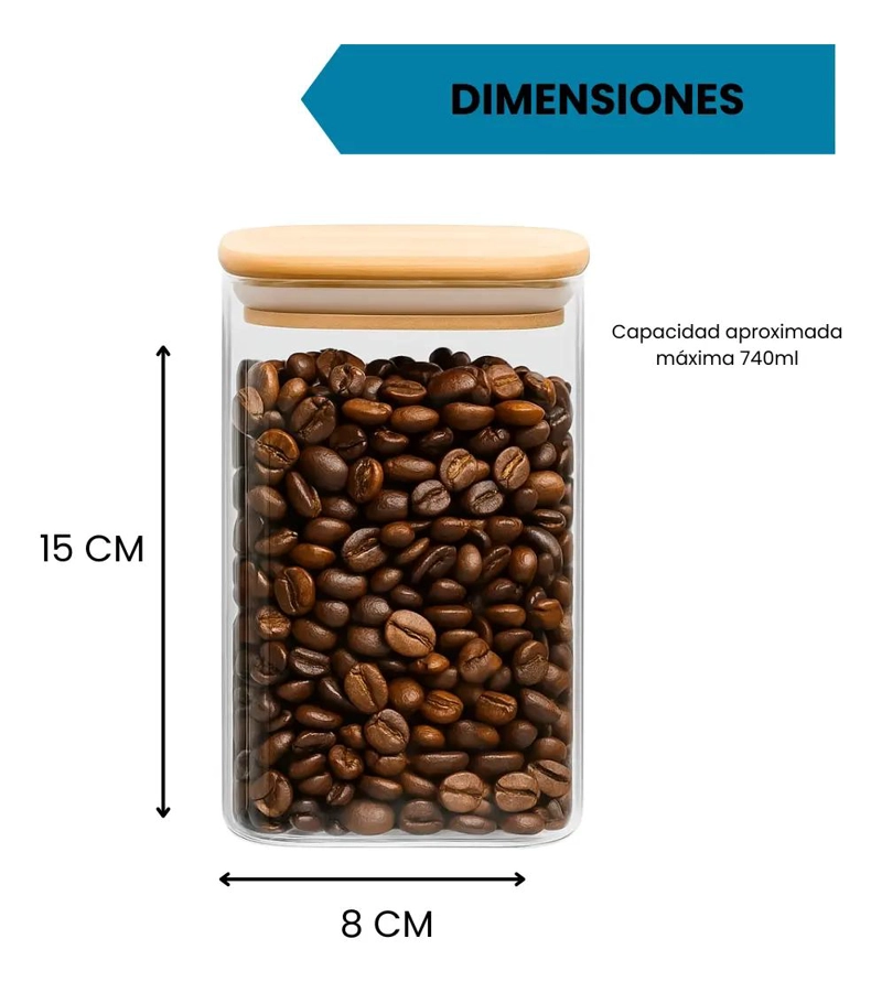 4 FRASCOS CUADRADOS DE VIDRIO CON TAPA DE BAMBU DE 750 ML - 2