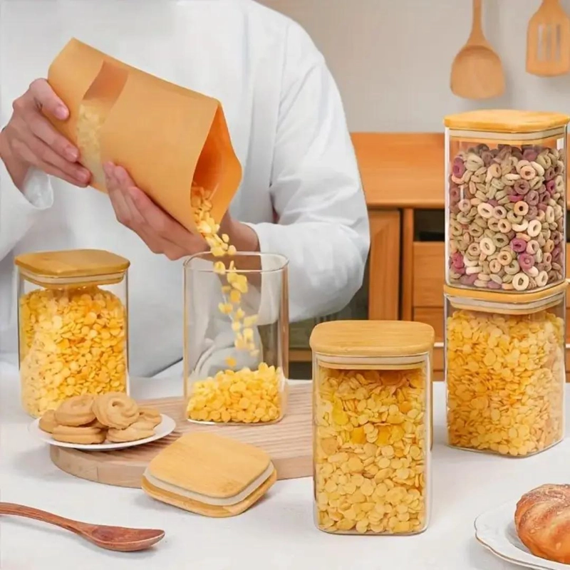 4 FRASCOS CUADRADOS DE VIDRIO CON TAPA DE BAMBU DE 750 ML - 4