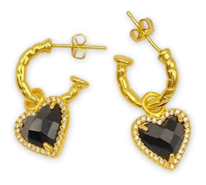 AROS DE CORAZON CON CRISTALES NEGROS Y CIRCONES EN PLATA 925 - 1