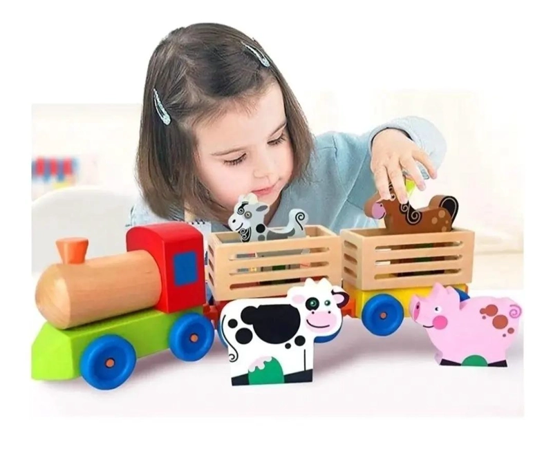 TREN DE MADERA DIDACTICO CON ANIMALES PARA ARRASTRE - 1