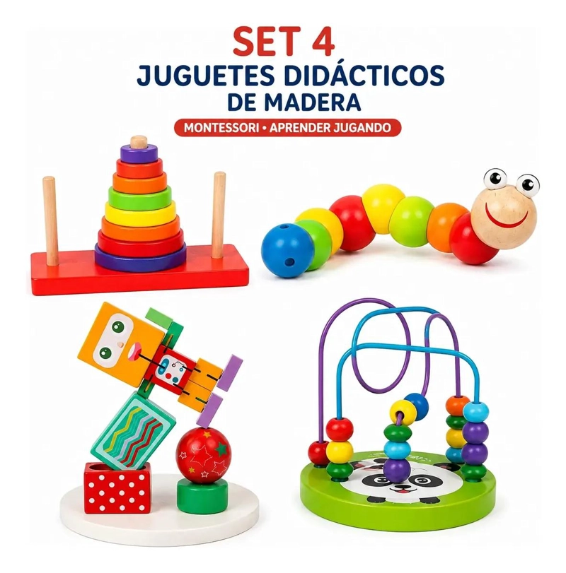 SET DE 4 JUGUETES DIDACTICOS DE MADERA PARA APRENDER JUGANDO - 1