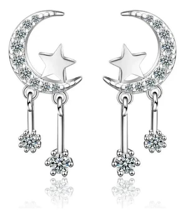 AROS ELEGANTES EN FORMA DE LUNA Y ESTRELLAS BAÑADOS EN PLATA - 1