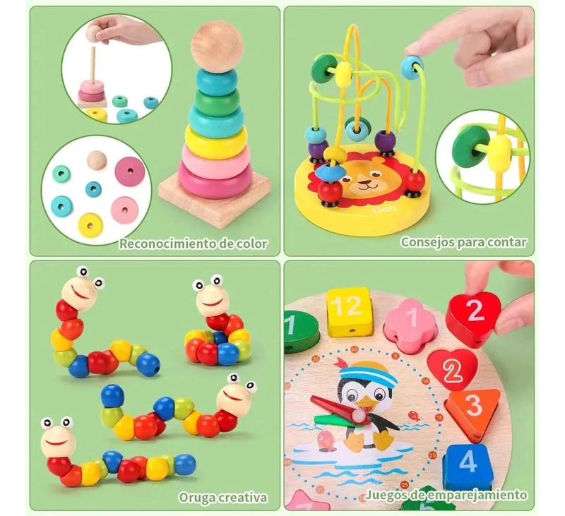 PACK DE 10 JUGUETES DIDACTICOS DE MADERA PARA APRENDIZAJE INFANTIL - 3