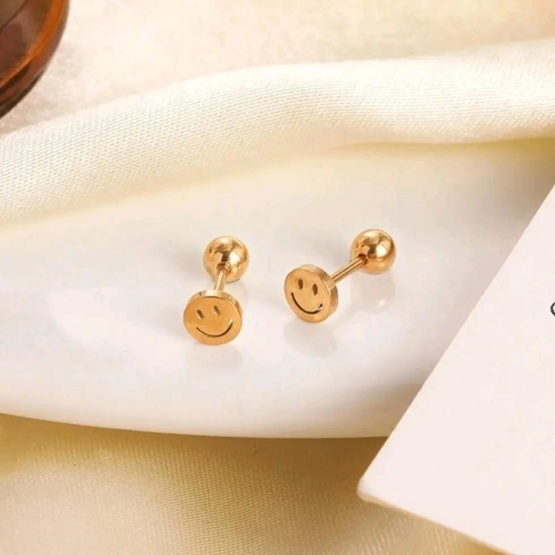 AROS CARITA FELIZ PARA NIÑAS CON TOPE TORNILLO EN ORO 18K - 4