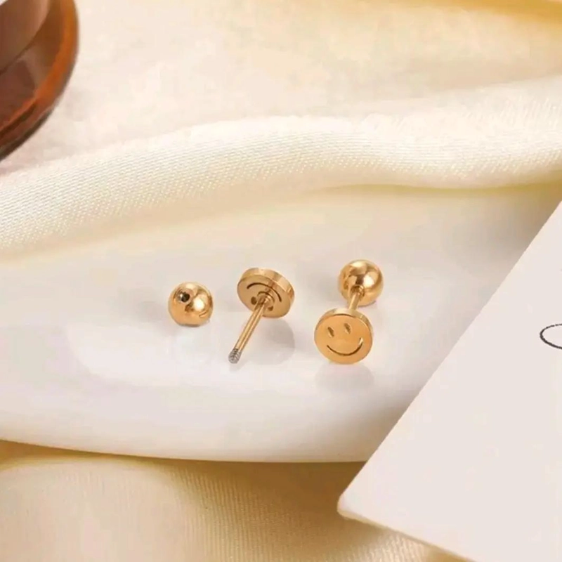 AROS CARITA FELIZ PARA NIÑAS CON TOPE TORNILLO EN ORO 18K - 6