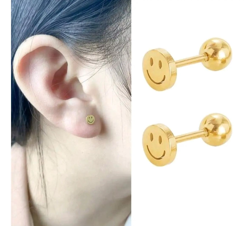 AROS CARITA FELIZ PARA NIÑAS CON TOPE TORNILLO EN ORO 18K - 7
