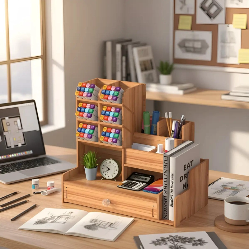 ORGANIZADOR DE ESCRITORIO MULTIFUNCIONAL CON CAJON Y COMPARTIMENTOS - 7