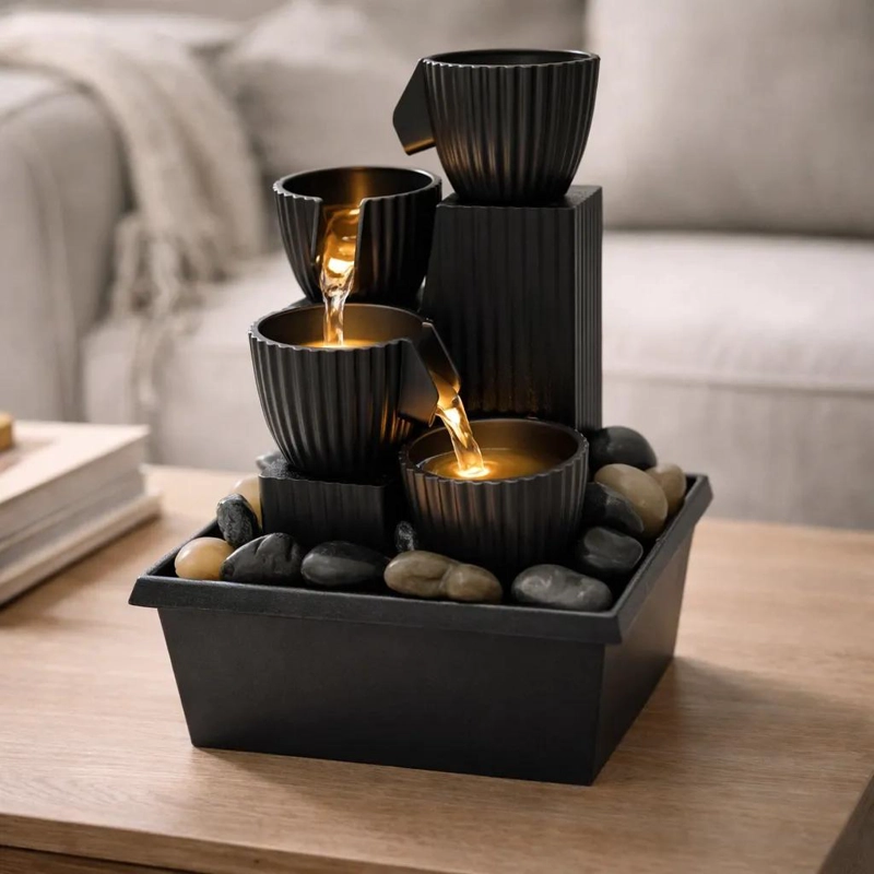 FUENTE DE AGUA DECORATIVA DE MESA CON LUZ LED Y 4 NIVELES - 2