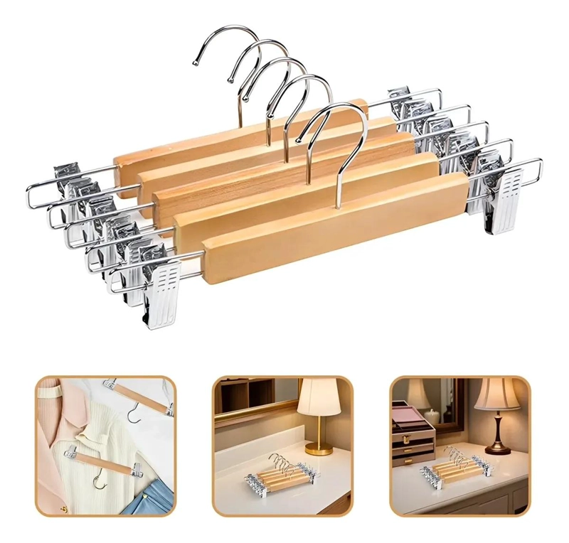 PERCHERO DE MADERA SOLIDA CON CLIPS ANTIDESLIZANTES PARA ROPA - 1