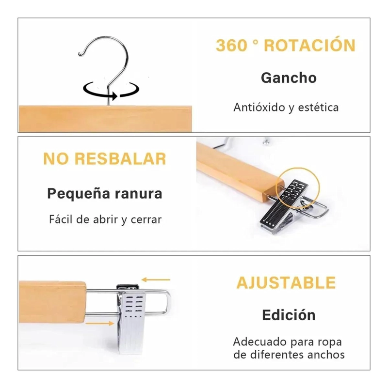 PERCHERO DE MADERA SOLIDA CON CLIPS ANTIDESLIZANTES PARA ROPA - 2