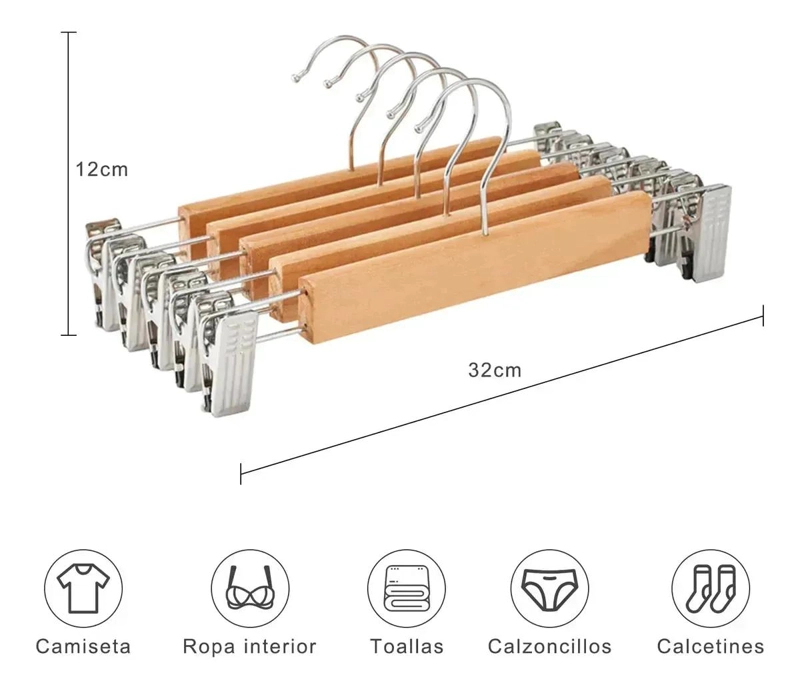 PERCHERO DE MADERA SOLIDA CON CLIPS ANTIDESLIZANTES PARA ROPA - 4