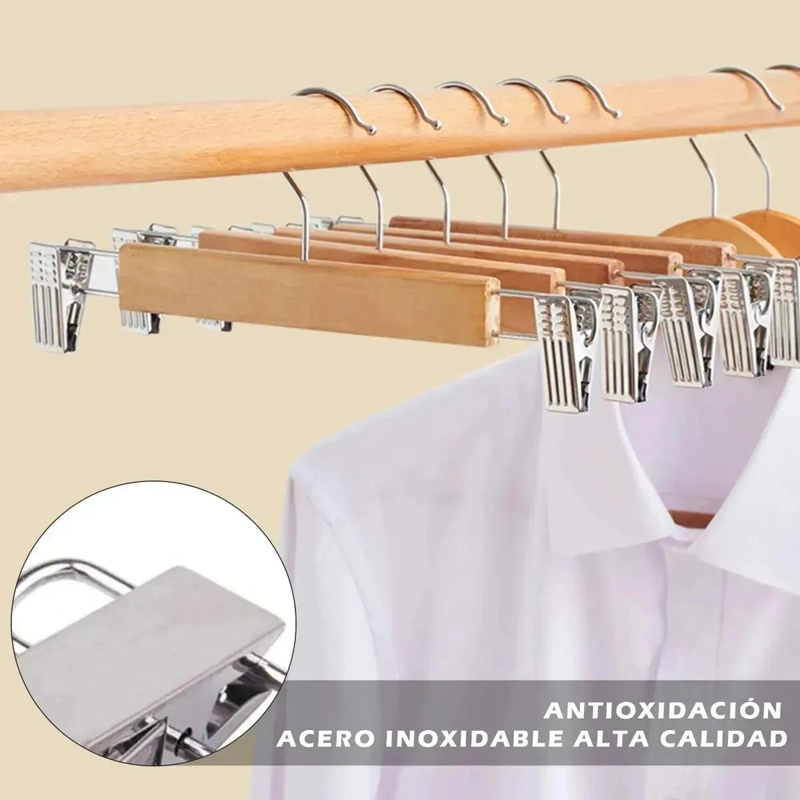 PERCHERO DE MADERA SOLIDA CON CLIPS ANTIDESLIZANTES PARA ROPA - 5