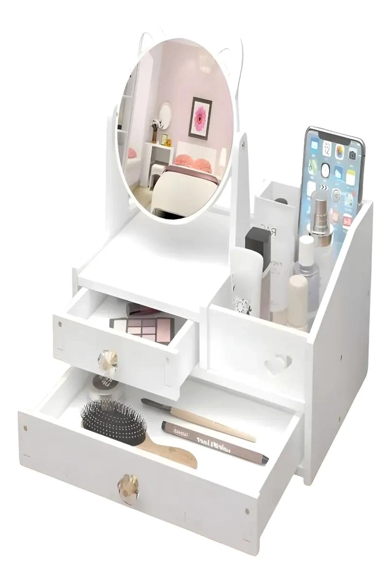 ORGANIZADOR DE MAQUILLAJE CON ESPEJO REDONDO Y CAJONES - 1