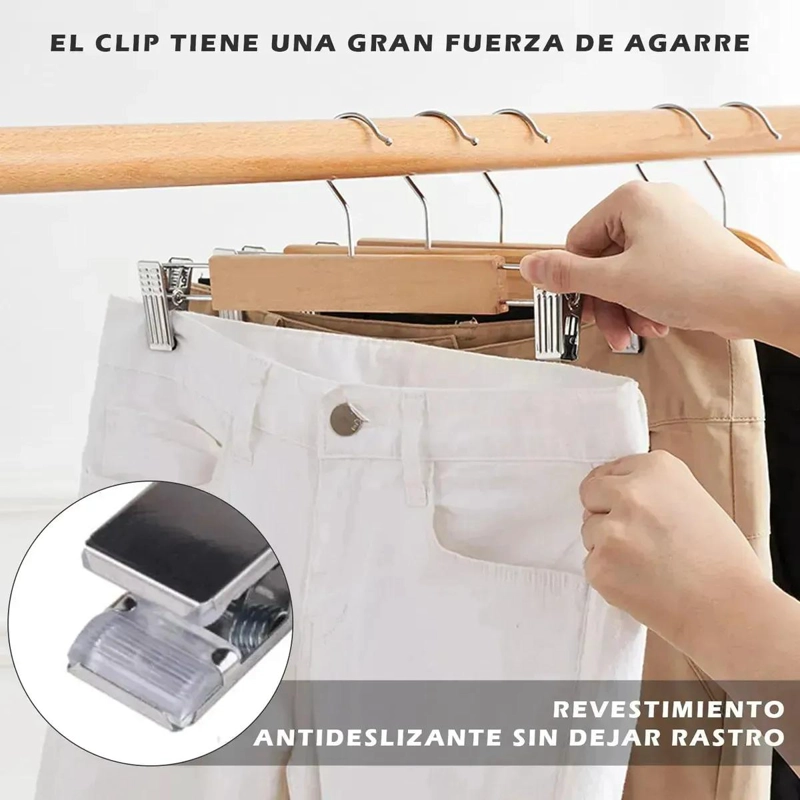 PERCHERO DE MADERA NATURAL CON PINZAS ANTIDESLIZANTES PARA ROPA - 3