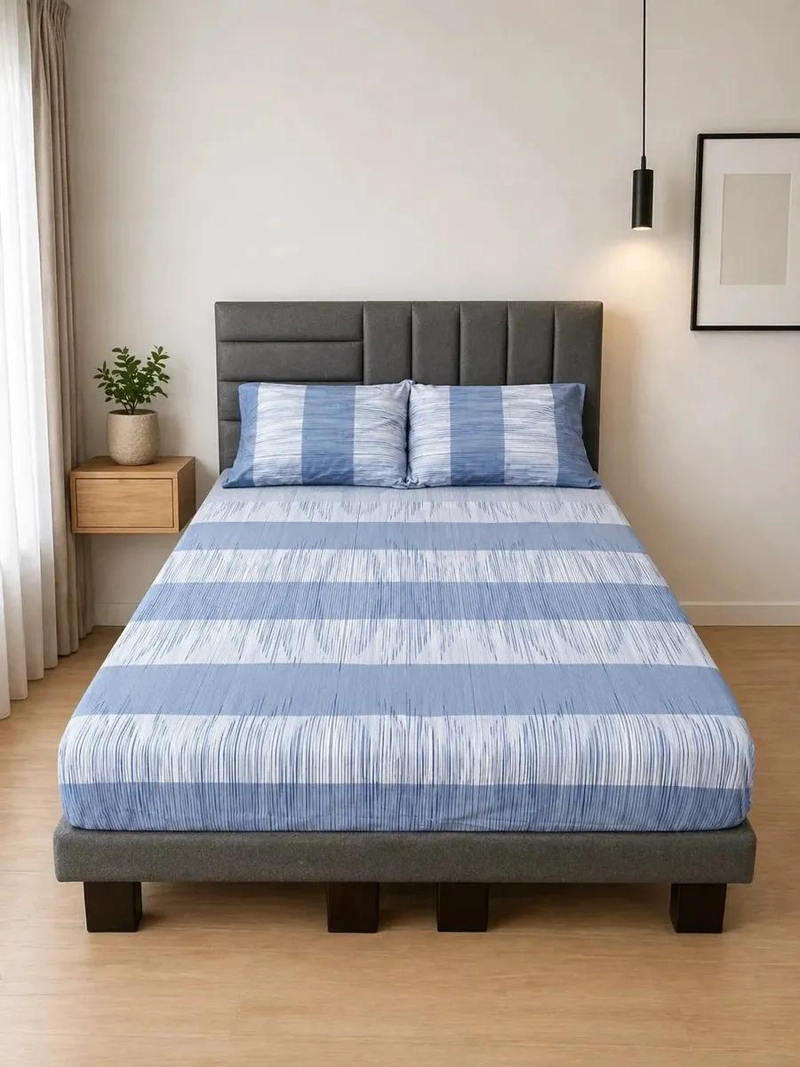 SABANAS 1.5 PLAZAS 144 HILOS ESTAMPADAS EN TONOS AZULES - 1
