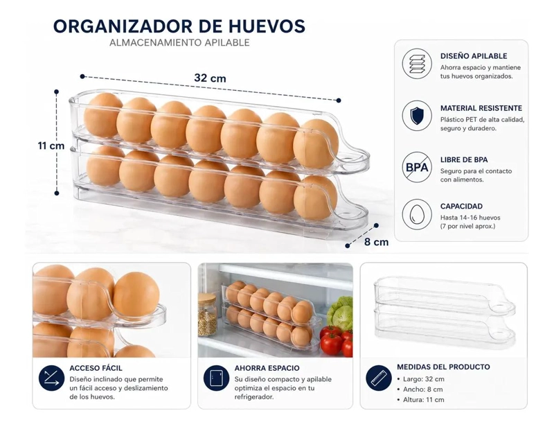 ORGANIZADOR APILABLE PARA 14 HUEVOS DE PLASTICO RESISTENTE - 3