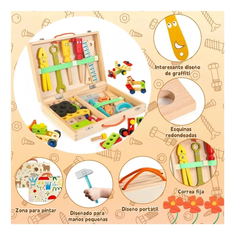 CAJA DE HERRAMIENTAS DE MADERA MONTESSORI PARA NIÑOS - 7