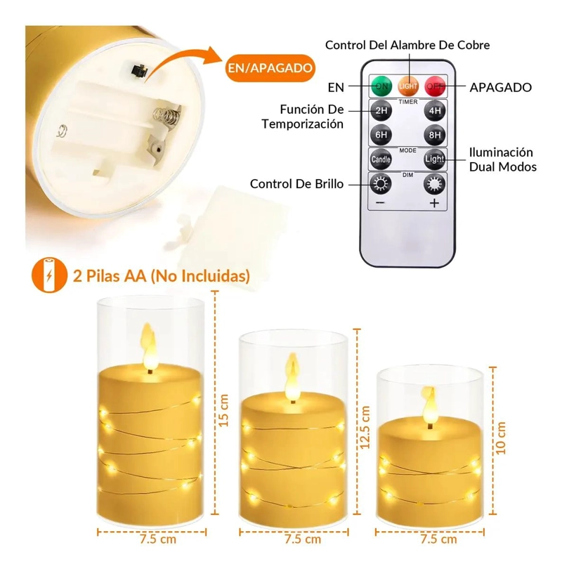 JUEGO DE VELAS LED SIN LLAMA CON CONTROL REMOTO Y TEMPORIZADOR - 2