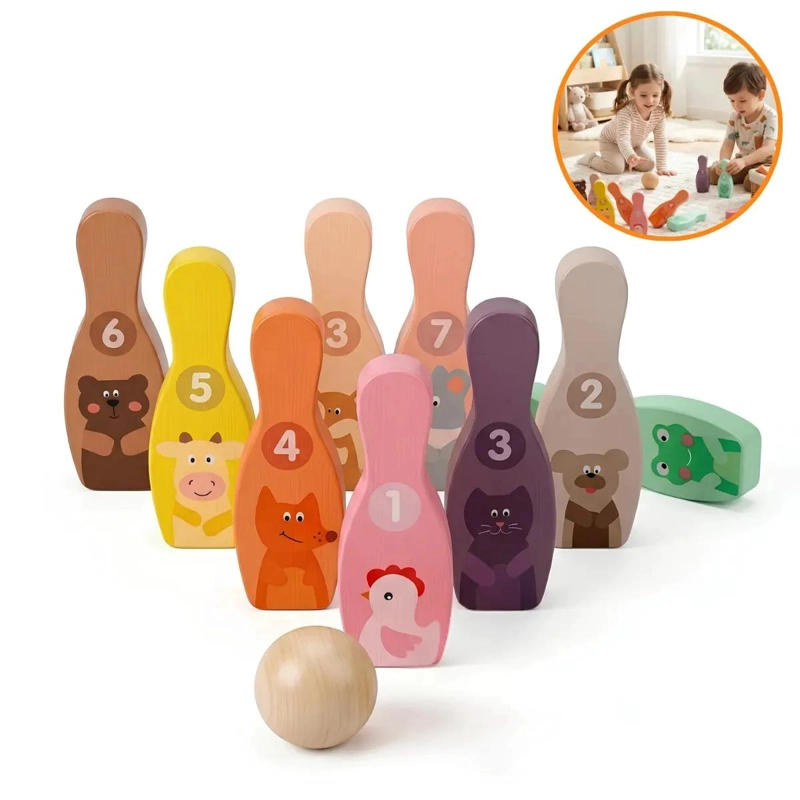 SET DE BOLOS DE MADERA DIDACTICOS PARA NIÑOS CON ANIMALES Y NUMEROS - 1