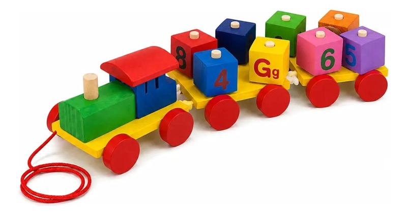 TREN DE ARRASTRE DE MADERA DIDACTICO CON CUBOS GIRATORIOS - 1