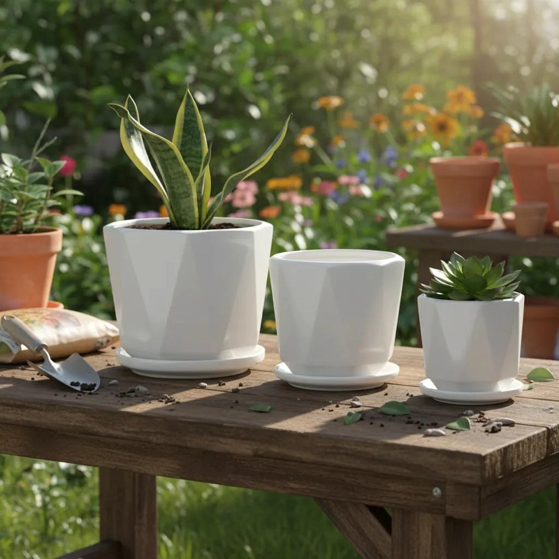 SET DE 3 MACETEROS DE CERAMICA BLANCOS CON PLATO MODERNO - 2