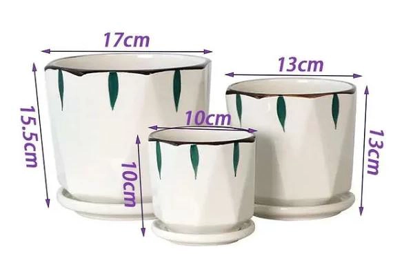 SET DE 3 MACETEROS DE CERAMICA BLANCOS CON PLATO MODERNO - 5