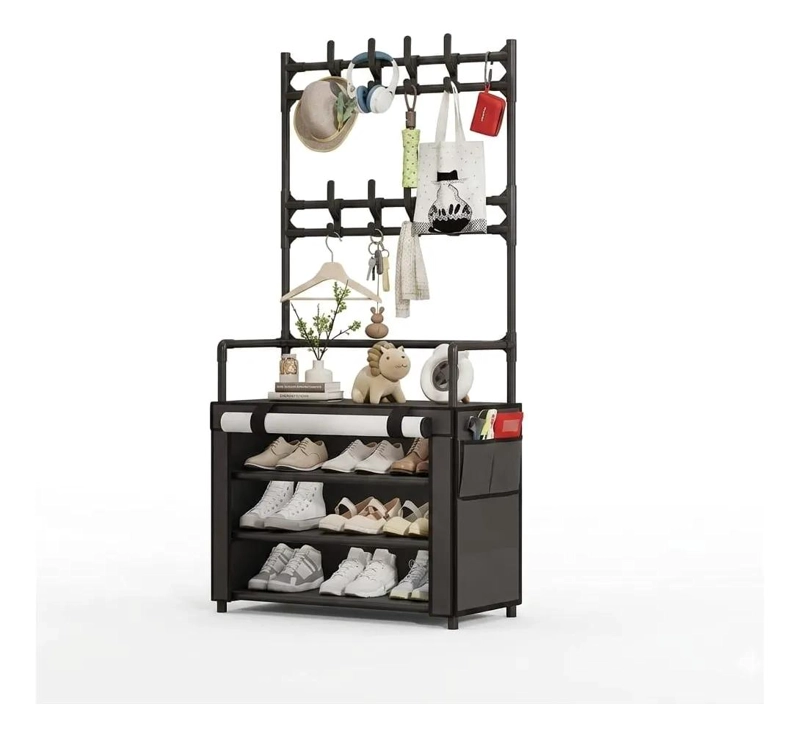 PERCHERO ORGANIZADOR DE PIE NEGRO CON ESTANTES PARA ZAPATOS - 1