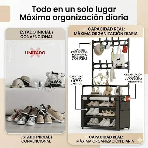 PERCHERO ORGANIZADOR DE PIE NEGRO CON ESTANTES PARA ZAPATOS - 3