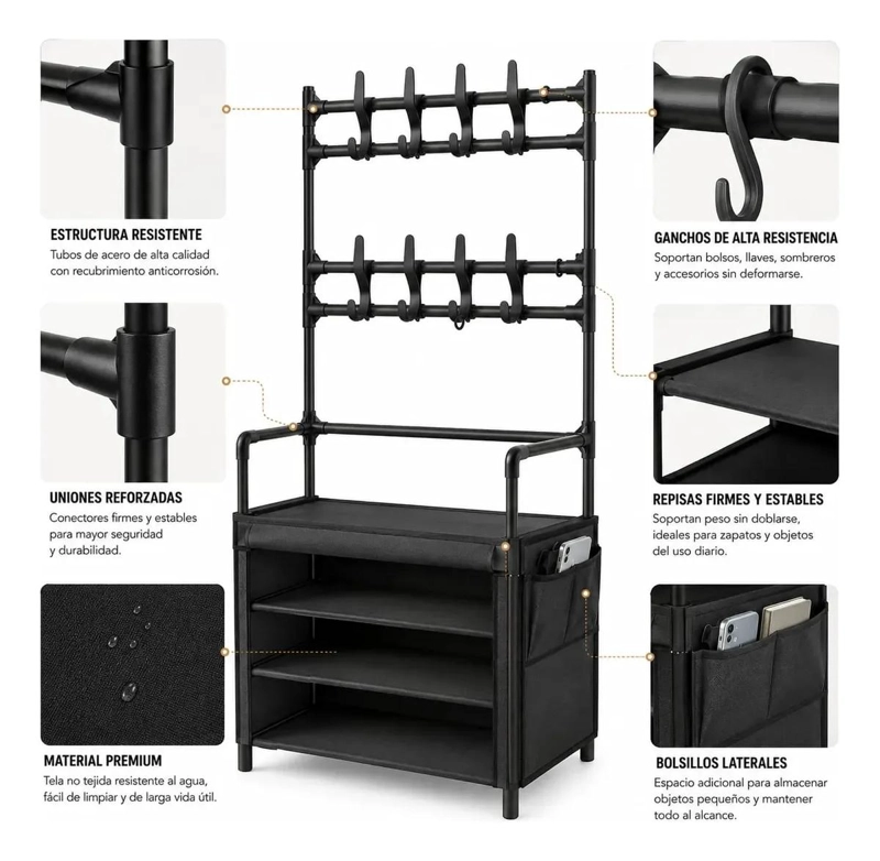 PERCHERO ORGANIZADOR DE PIE NEGRO CON ESTANTES PARA ZAPATOS - 4