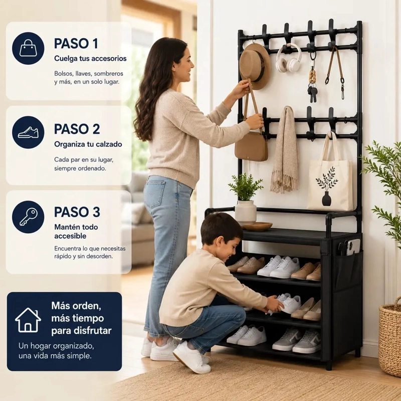 PERCHERO ORGANIZADOR DE PIE NEGRO CON ESTANTES PARA ZAPATOS - 5