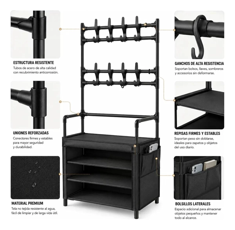 PERCHERO ORGANIZADOR DE PIE NEGRO CON ESTANTES PARA ZAPATOS - 6