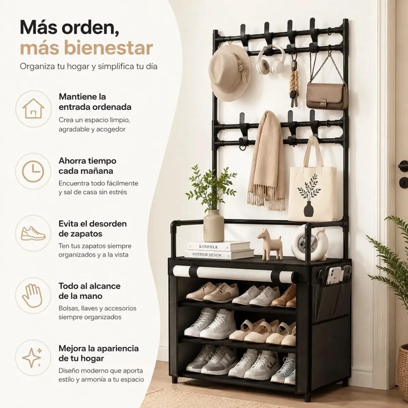 PERCHERO ORGANIZADOR DE PIE NEGRO CON ESTANTES PARA ZAPATOS - 7