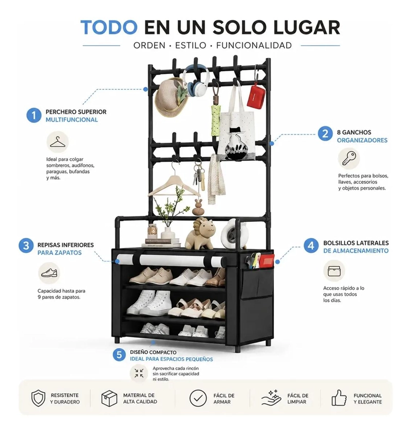 PERCHERO ORGANIZADOR DE PIE NEGRO CON ESTANTES PARA ZAPATOS - 8