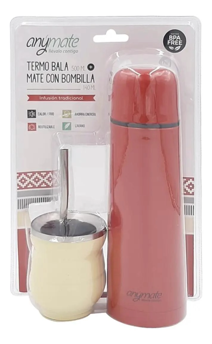 SET DE TERMO BALA Y MATE CON BOMBILLA COLOR ROJO - 4