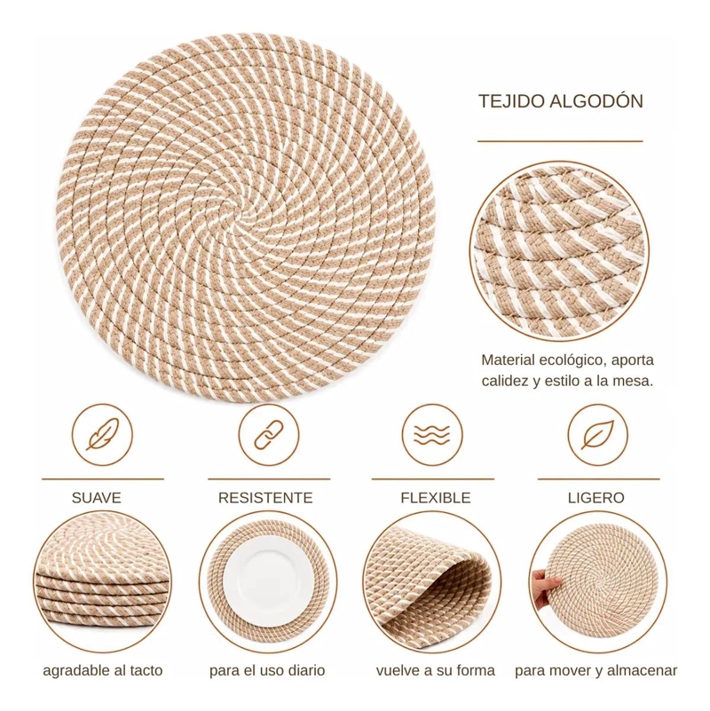 SET DE 5 INDIVIDUALES REDONDOS DE ALGODON TRENZADO DE 35 CM - 3
