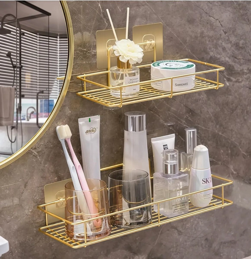 ORGANIZADOR DE BAÑO ADHESIVO DORADO SET DE 2 TAMAÑOS - 1