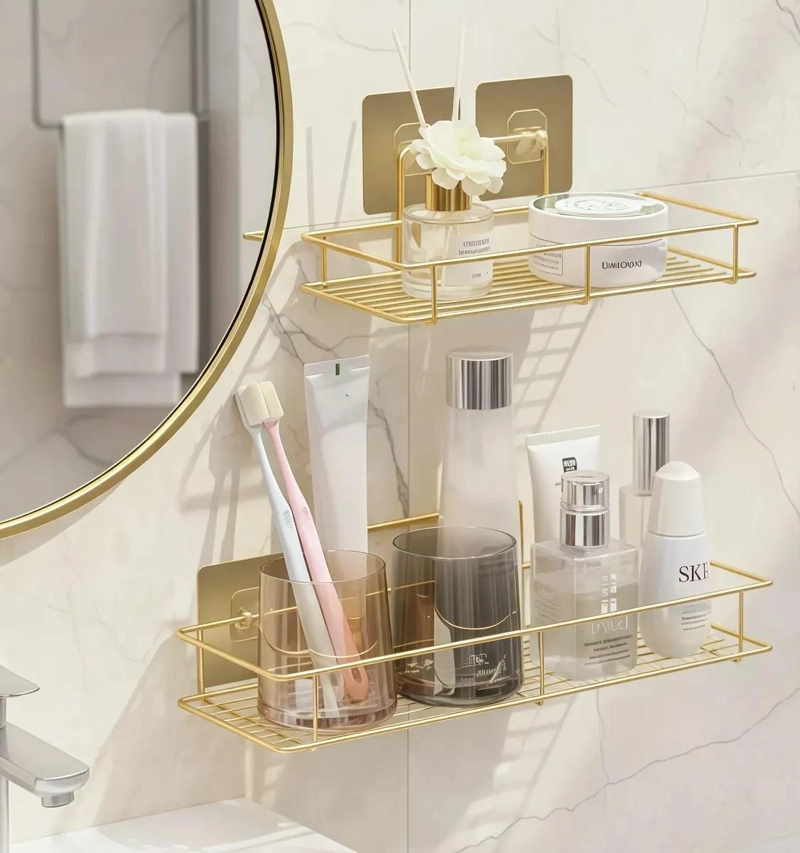 ORGANIZADOR DE BAÑO ADHESIVO DORADO SET DE 2 TAMAÑOS - 2