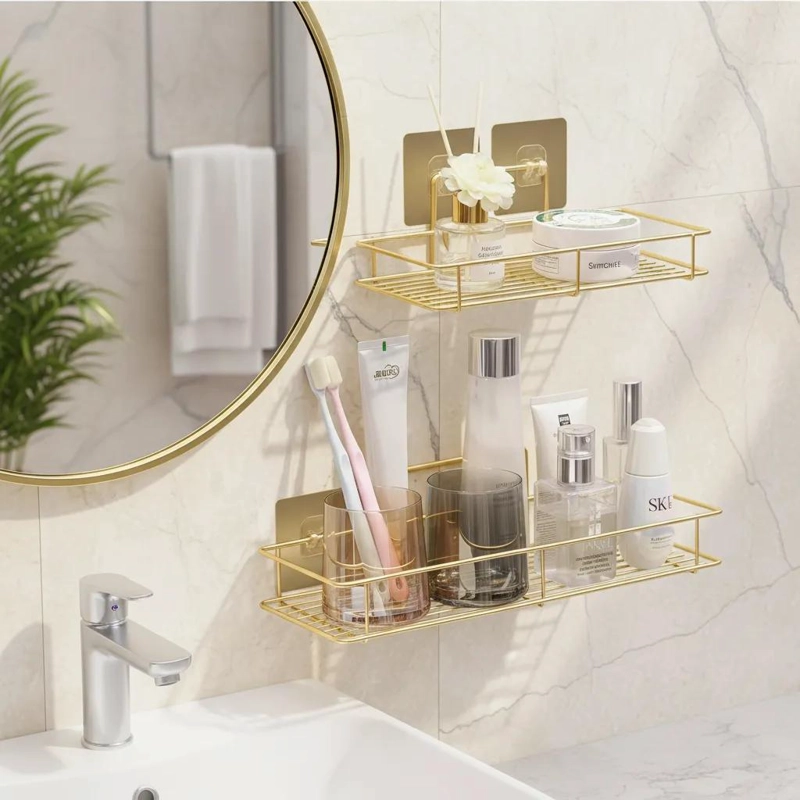 ORGANIZADOR DE BAÑO ADHESIVO DORADO SET DE 2 TAMAÑOS - 3