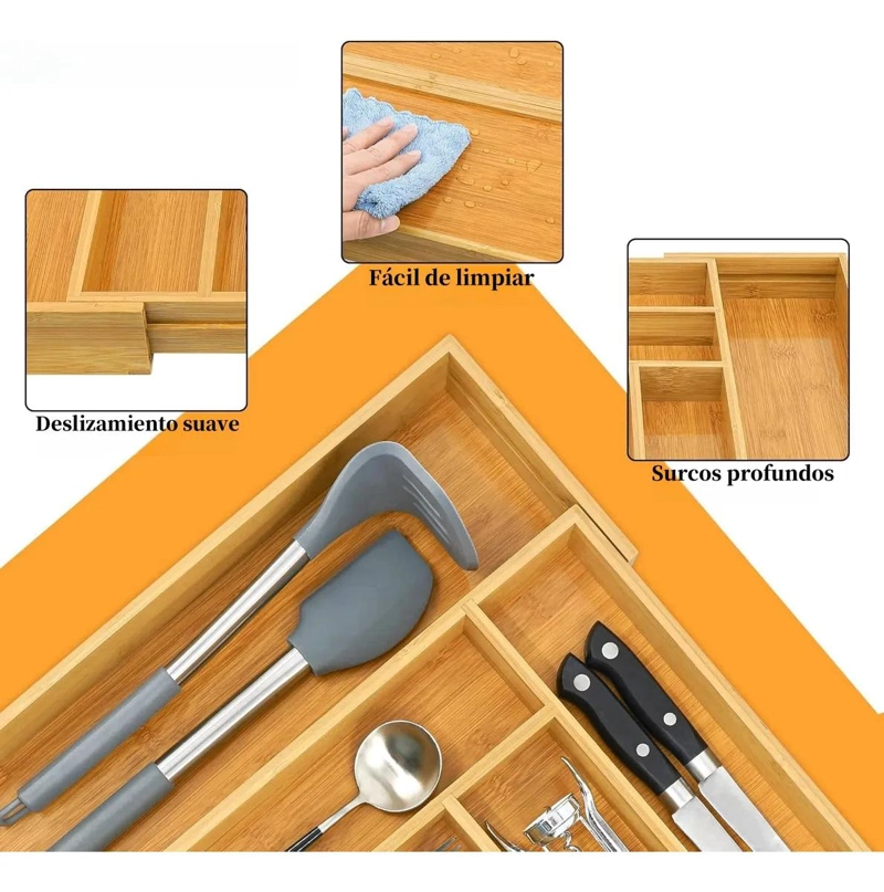 ORGANIZADOR DE CUBIERTOS EXTENSIBLE DE BAMBU AMARILLO - 2