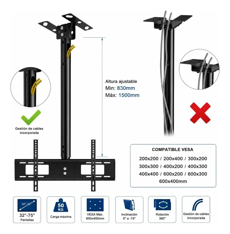 SOPORTE DE TECHO AJUSTABLE PARA TELEVISORES DE 32 A 75 PULGADAS - 3