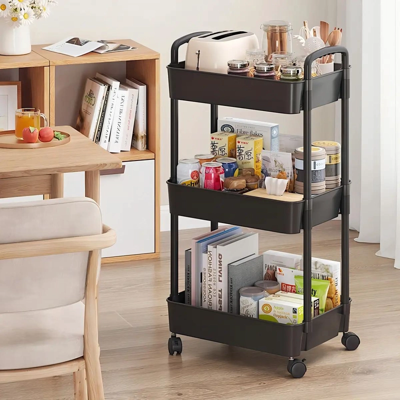 CARRITO ORGANIZADOR RODANTE DE PLASTICO 3 NIVELES EN COLOR NEGRO - 2