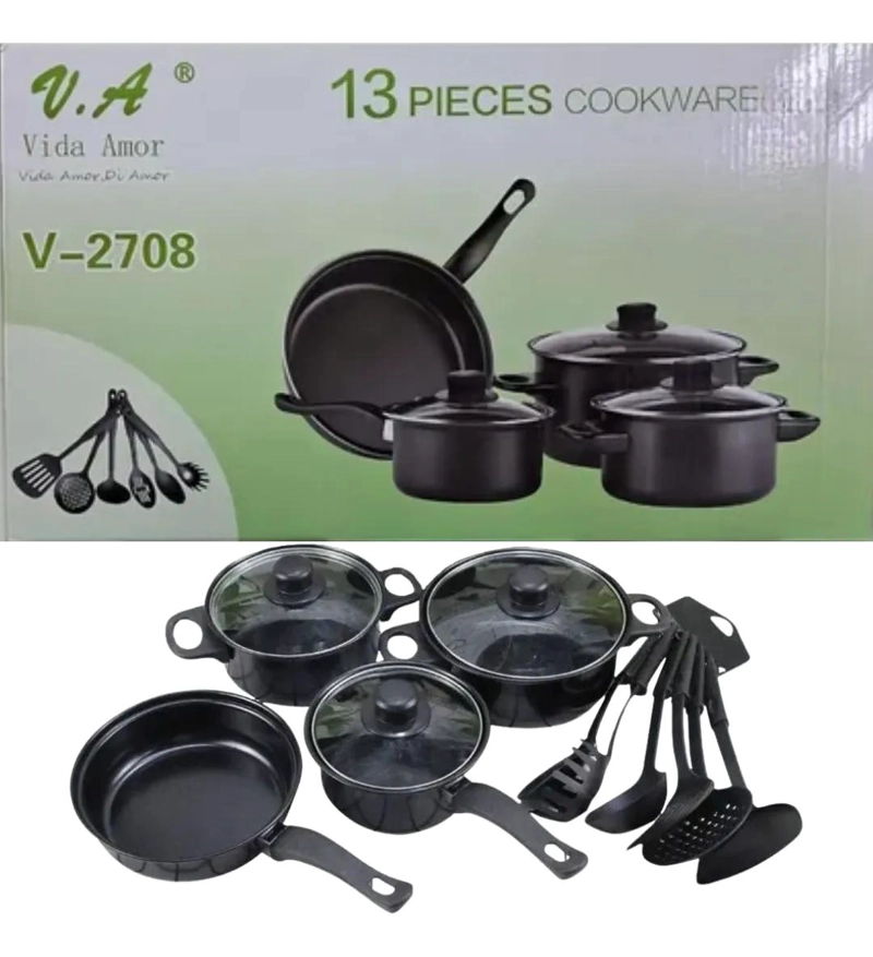 JUEGO DE OLLAS 13 PIEZAS CON TAPAS DE VIDRIO Y UTENSILIOS DE COCINA - 2