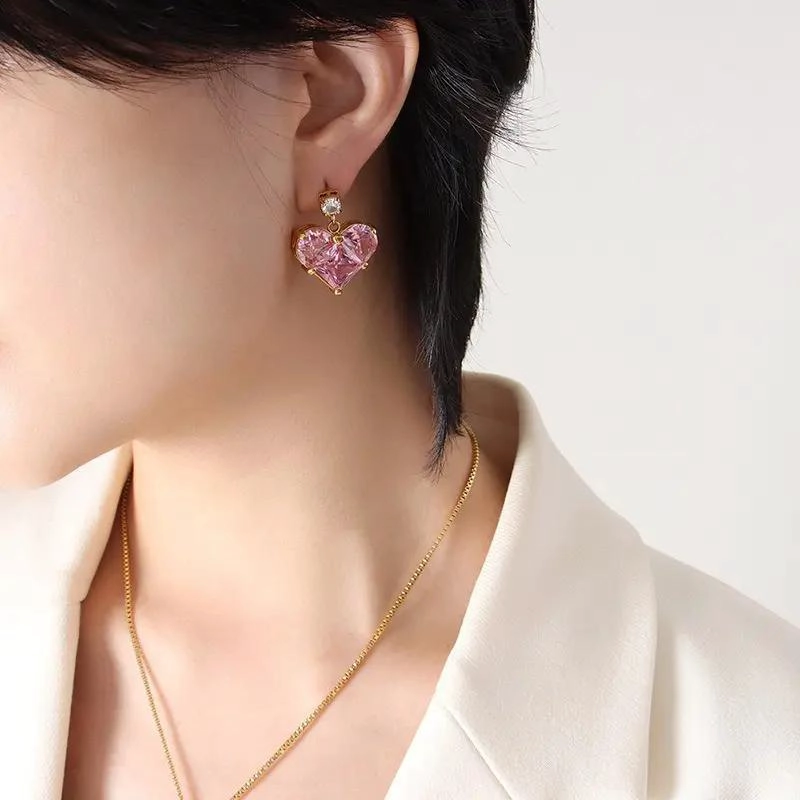 AROS BAÑADOS EN ORO 18K CON DISEÑO DE CORAZON ROSA - 4