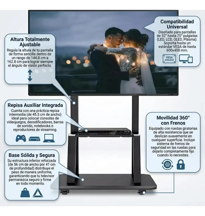SOPORTE PEDESTAL MOVIL PARA TV CON RUEDAS Y REPISA AJUSTABLE - 2