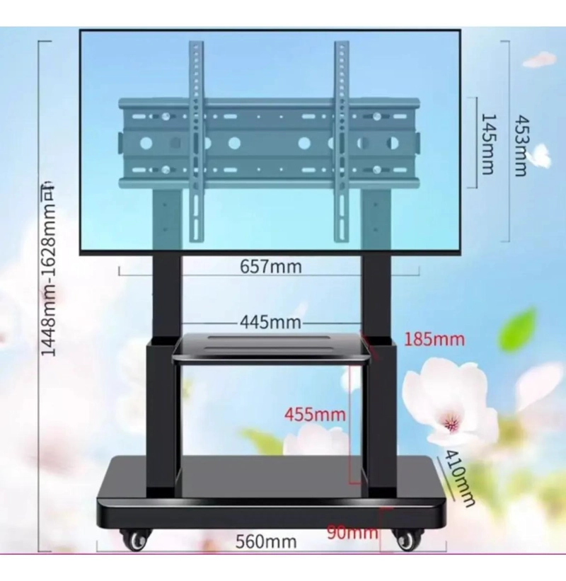 SOPORTE PEDESTAL MOVIL PARA TV CON RUEDAS Y REPISA AJUSTABLE - 4
