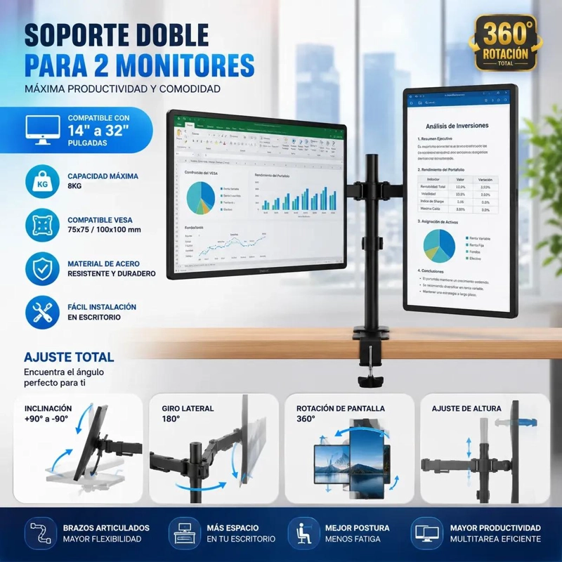SOPORTE DOBLE ARTICULADO PARA DOS MONITORES DE 14 A 32 PULGADAS - 2