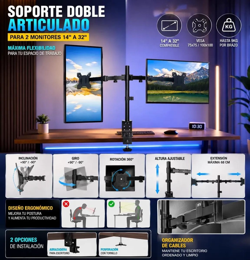 SOPORTE DOBLE ARTICULADO PARA MONITORES DE 14 A 32 PULGADAS - 2