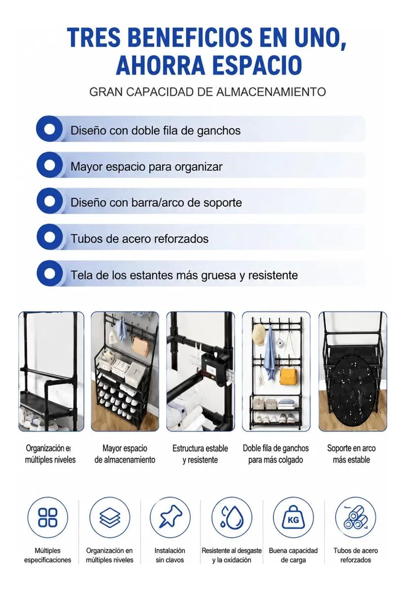 PERCHERO MULTIFUNCIONAL CON ESTANTES PARA ROPA Y CALZADO - 2