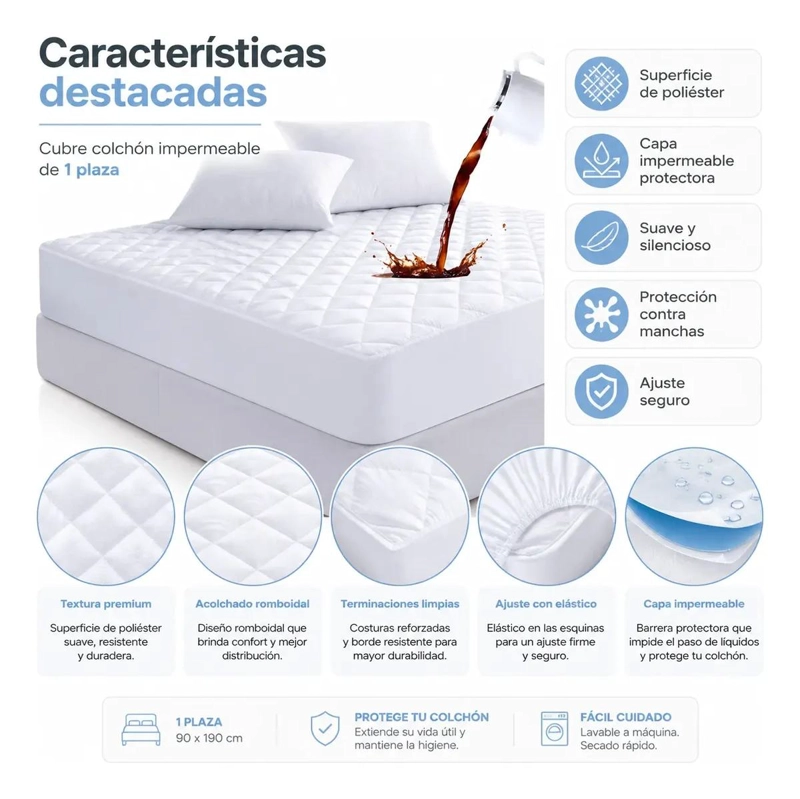 CUBRE COLCHON IMPERMEABLE HIPOALERGE NICO 1 PLAZA - 4